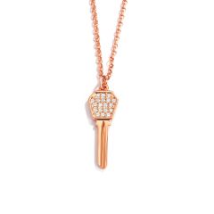 Modern Hexagon Pave Key Pendant with Swarovski Crystals Rose Gold Plated